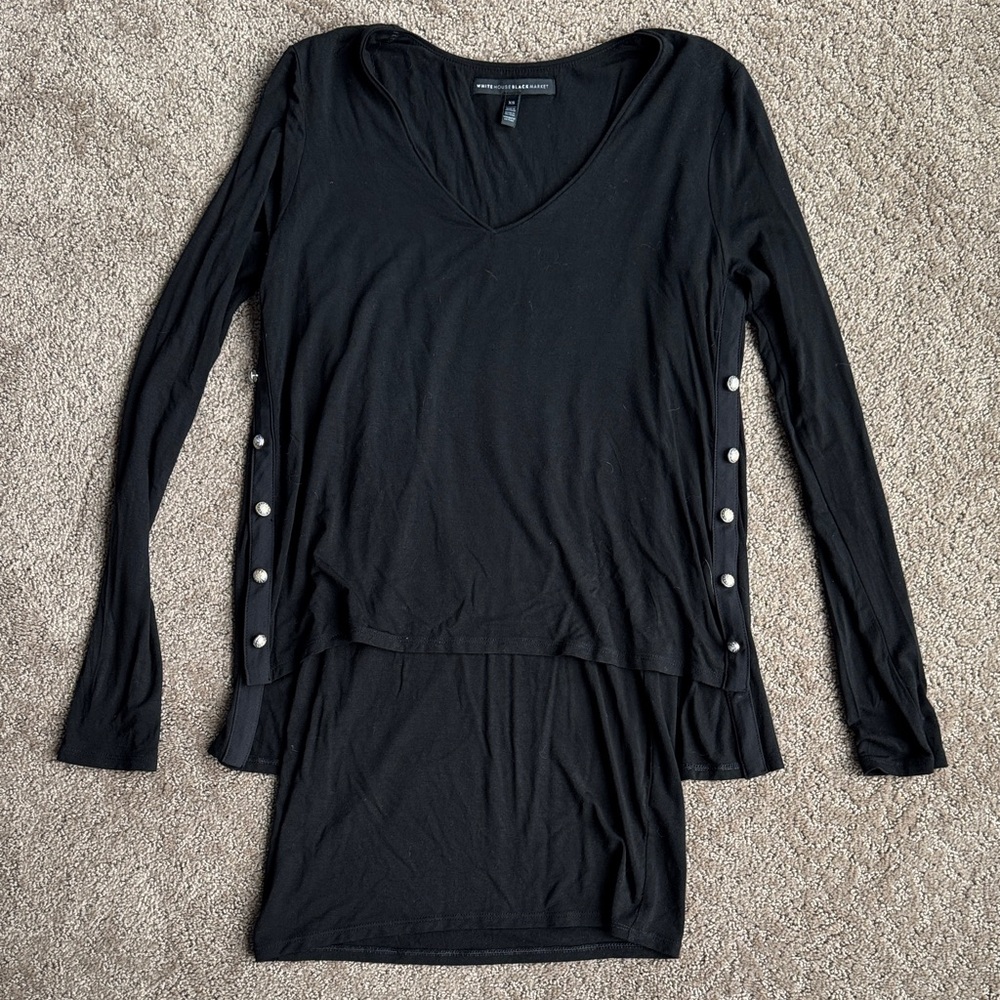 White House Black Market Black Long Sleeve Shirt with Metal Button Accents